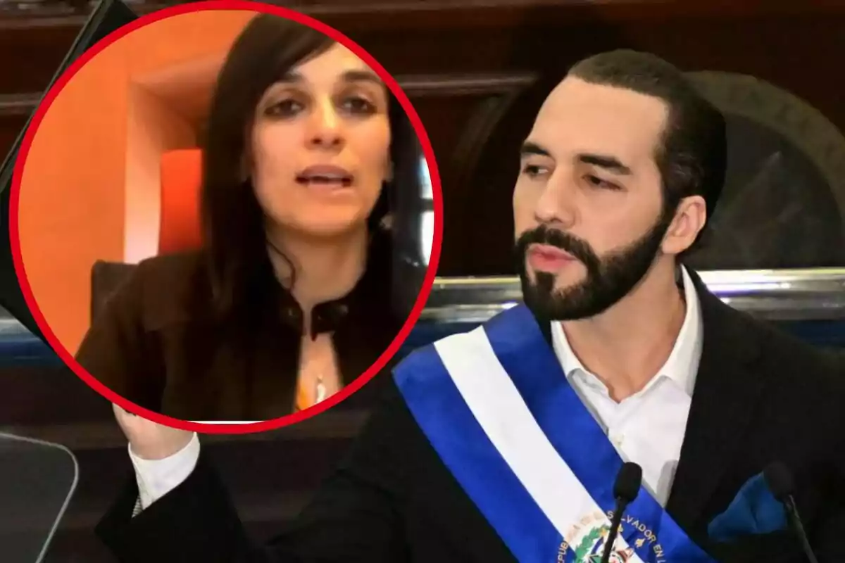 Un home amb una banda presidencial parla en un podi mentre la imatge d?una dona apareix en un cercle vermell al cantó superior esquerre.