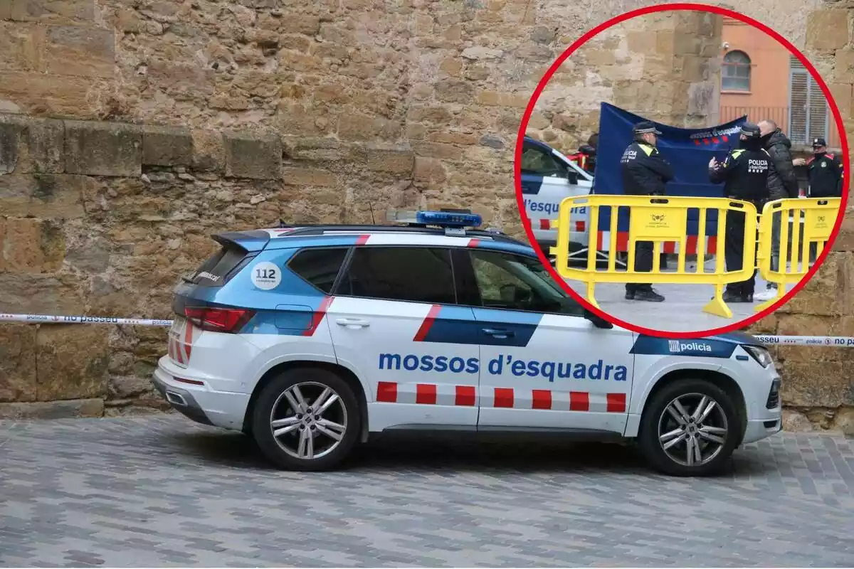 Muntatge amb un cotxe de Mossos d'Esquadra ia la cantonada superior dreta, dins d'un cercle, el lloc dels fets referenciats a la notícia