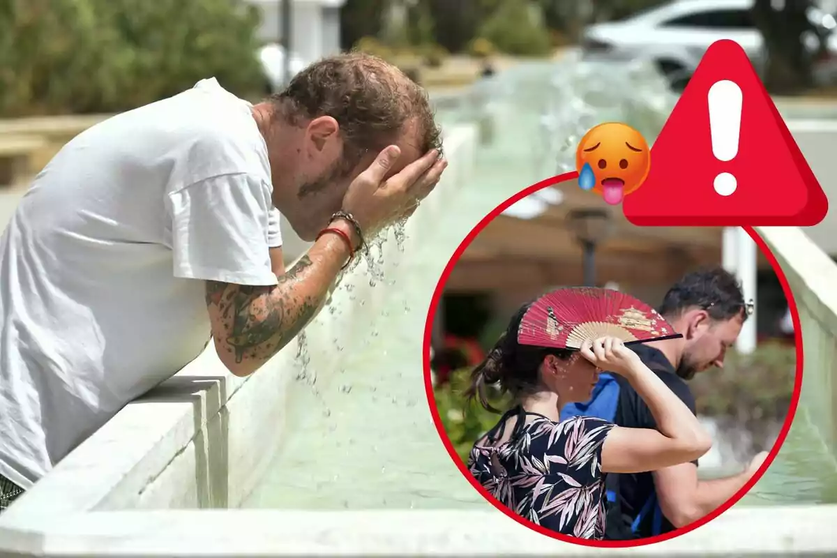 Un home es refresca en una font mentre una dona es ventila i un home camina sota el sol, amb un símbol d’advertència i un emoji de calor indicant altes temperatures Un home es refresca en una font mentre una dona es ventila i un home camina sota el sol, amb un símbol d’advertència i un emoji de calor indicant altes temperatures