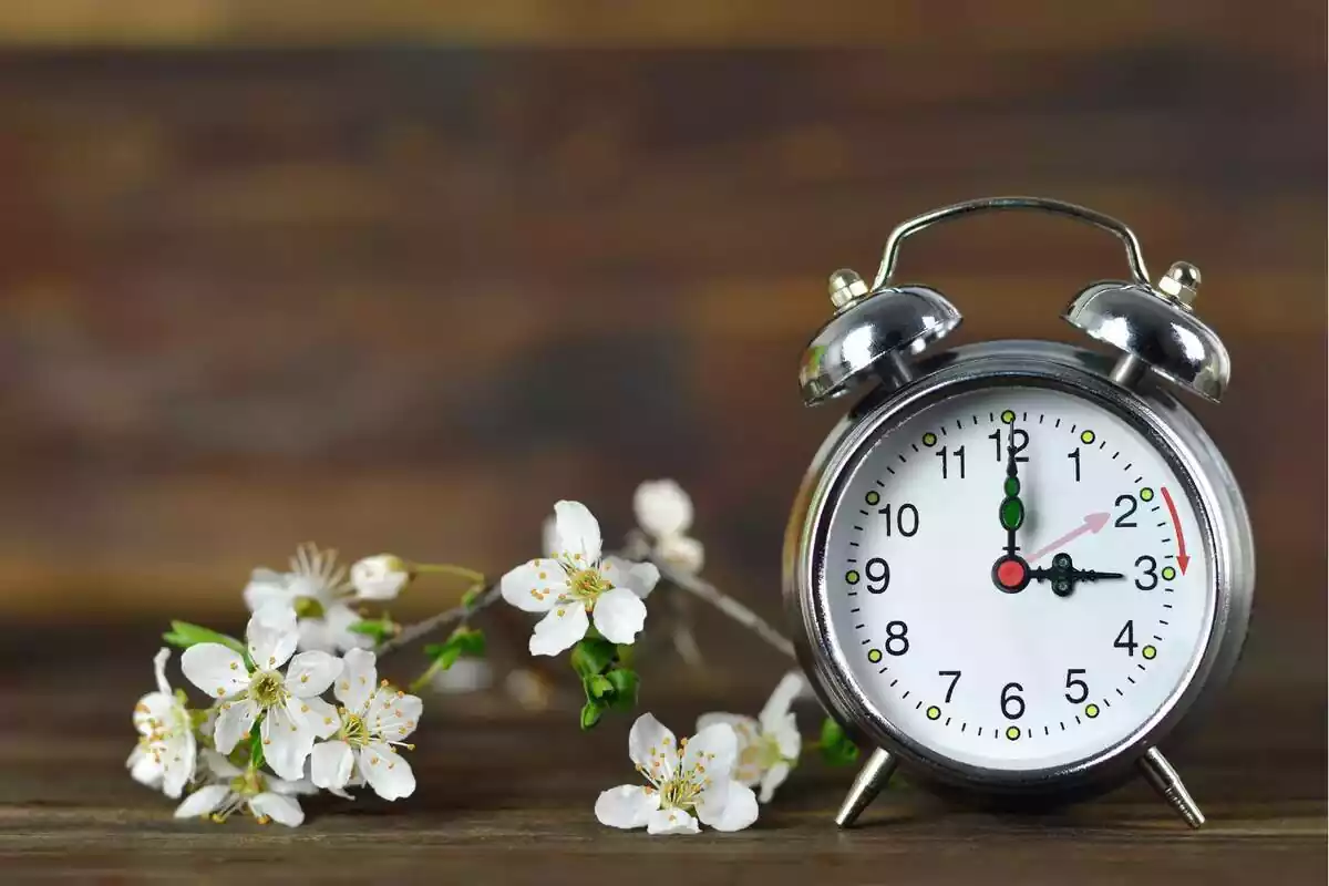 Un rellotge on canvia l'hora. A l'esquerra, flors