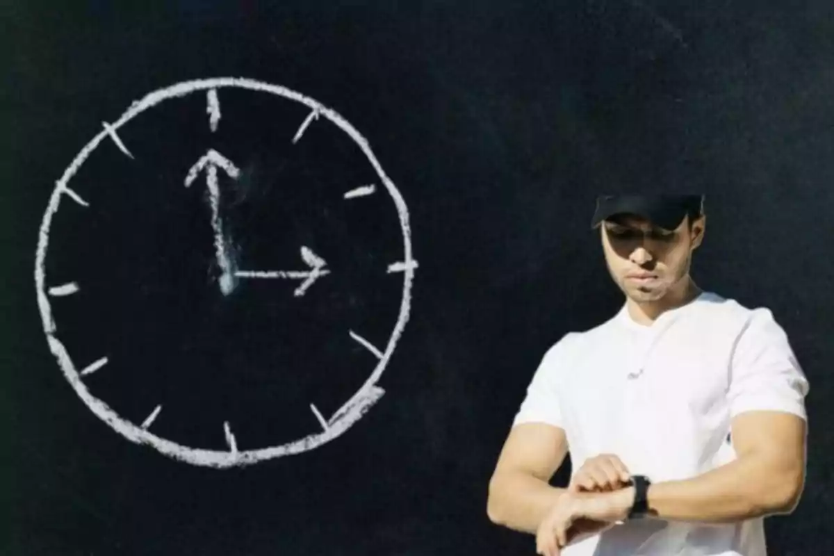 Un hombre con gorra y camiseta blanca mira su reloj mientras está de pie junto a un dibujo de un reloj en una pizarra