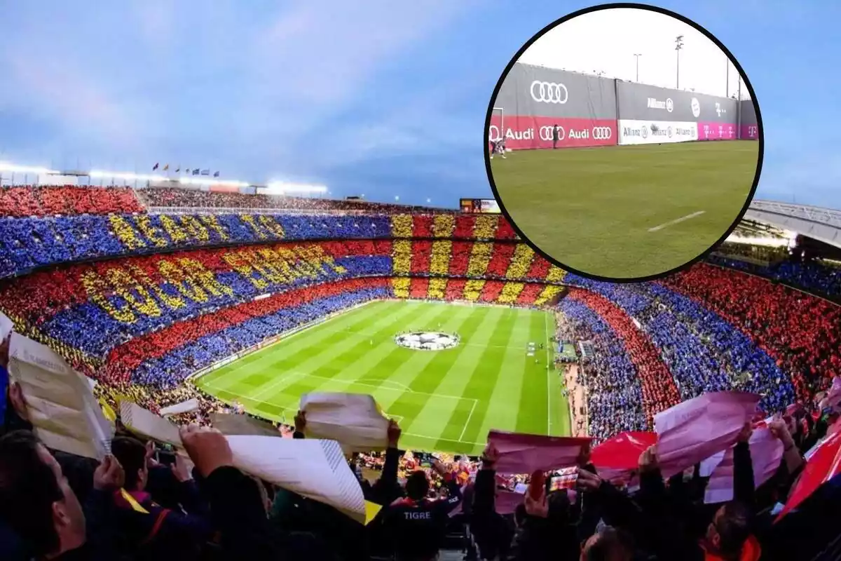 Muntatge del Camp Nou amb la imatge d'un entrenament del Bayern dins un cercle