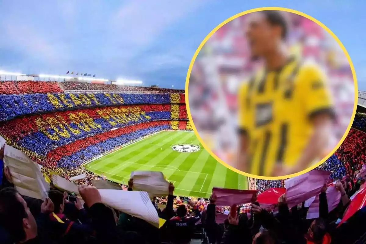 Muntatge amb una imatge del Camp Nou ia la dreta, dins un cercle i difuminat, el futbolista a què fa referència la notícia
