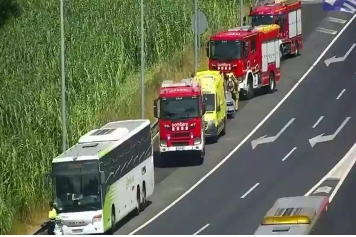 Un autobús detenido en el arcén de una carretera junto a varios vehículos de emergencia incluyendo camiones de bomberos y ambulancias