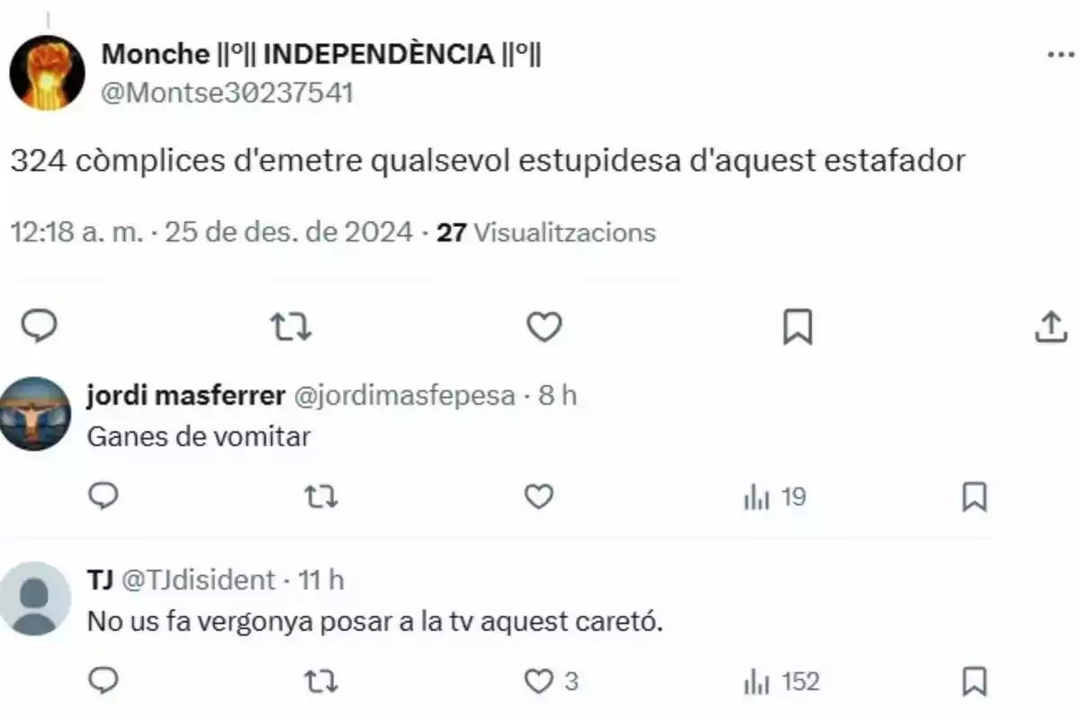 Una captura de pantalla de Twitter muestra tres comentarios en catalán criticando a una persona, mencionando la palabra 