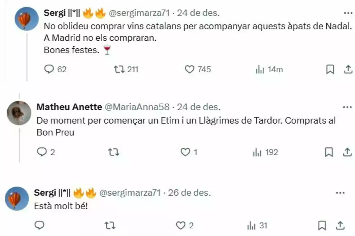 Conversa a Twitter sobre la compra de vins catalans per a les festes nadalenques, esmentant marques específiques i una botiga. Conversa a Twitter sobre la compra de vins catalans per a les festes nadalenques, esmentant marques específiques i una botiga.
