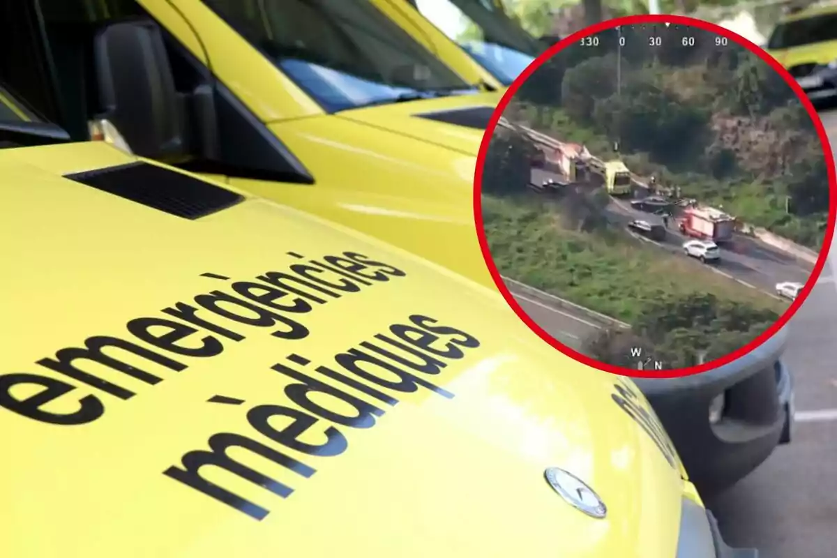 Vehículos de emergencias médicas amarillos con un recuadro que muestra una escena de carretera con vehículos de emergencia y coches.