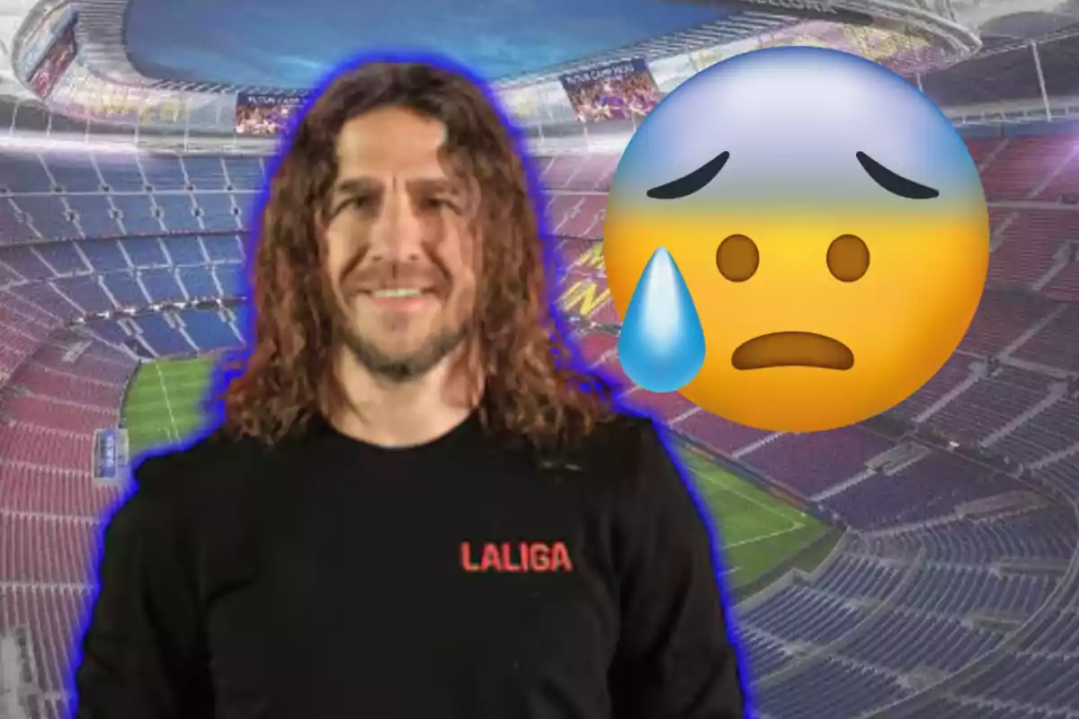 Un home amb cabell llarg i arrissat, vestint una samarreta negra amb el logotip de La Lliga, està dret davant d'un estadi de futbol buit, acompanyat d'un emoji de cara preocupada amb una gota de suor. Un home amb cabell llarg i arrissat, vestint una samarreta negra amb el logotip de La Lliga, està dret davant d'un estadi de futbol buit, acompanyat d'un emoji de cara preocupada amb una gota de suor.