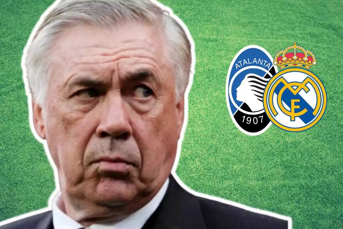 Carlo Ancelotti i els escuts d'Atalanta i el Reial Madrid