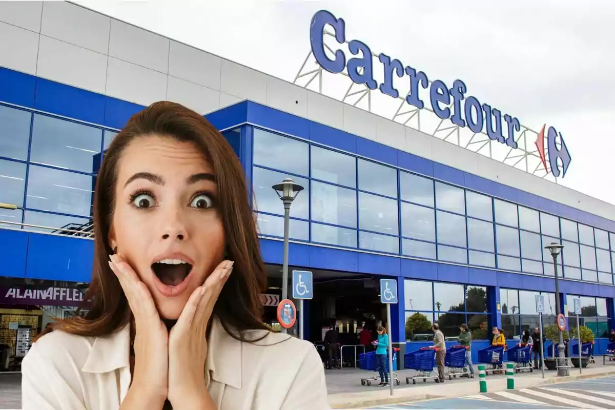 Una dona amb expressió de sorpresa davant d'una botiga Carrefour.