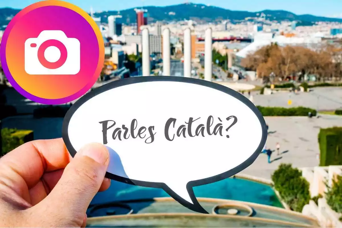 Muntatge amb una imatge de Barcelona i l'expressió "Parles Català?" A la cantonada lateral esquerra, l'emoticona d'Instagram
