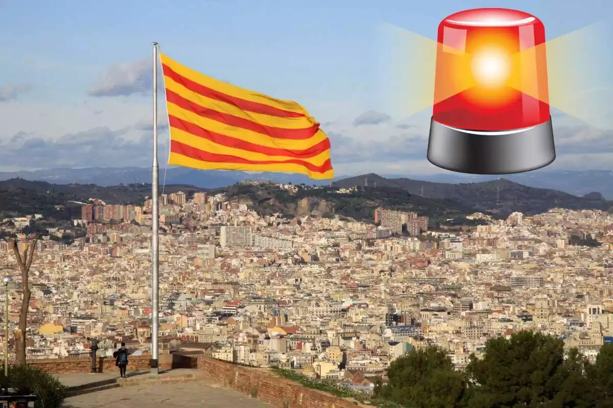 Muntatge amb una imatge de la vista a la ciutat de Barcelona des de Montjuïc ia la cantonada superior dreta l'emoticona d'una sirena d'emergències