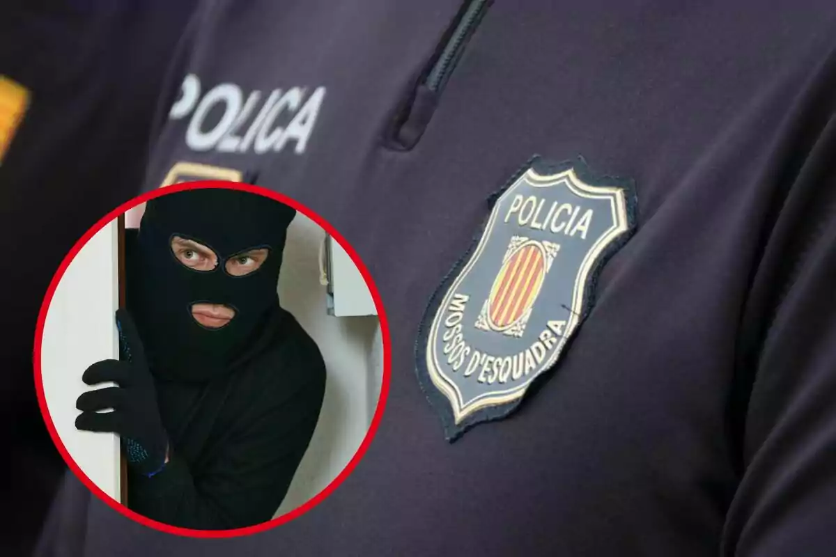 Un oficial de la policia dels Mossos d'Esquadra amb un emblema al seu uniforme i un home emmascarat en un requadre vermell.