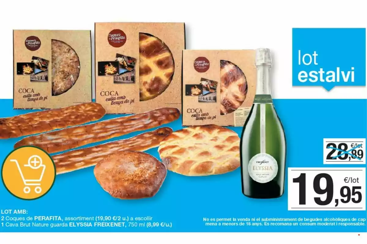 Lote de productos que incluye varias cocas tradicionales en cajas y una botella de cava Freixenet Elyssia sobre un fondo azul con el precio destacado en la esquina inferior derecha Lote de productos que incluye varias cocas tradicionales en cajas y una botella de cava Freixenet Elyssia sobre un fondo azul con el precio destacado en la esquina inferior derecha
