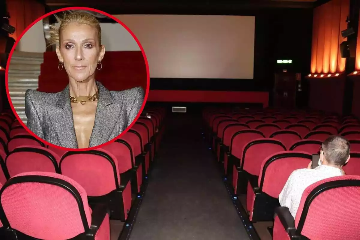 Muntatge amb una sala de cinema sense públic ia la cantonada superior esquerra, dins d'un cercle, la cantant Celine Dion