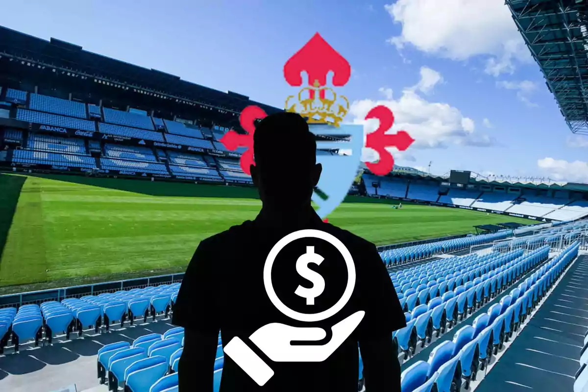 Silueta de una persona con un icono de dinero en la mano frente a un estadio de fútbol con un escudo de equipo en el fondo.