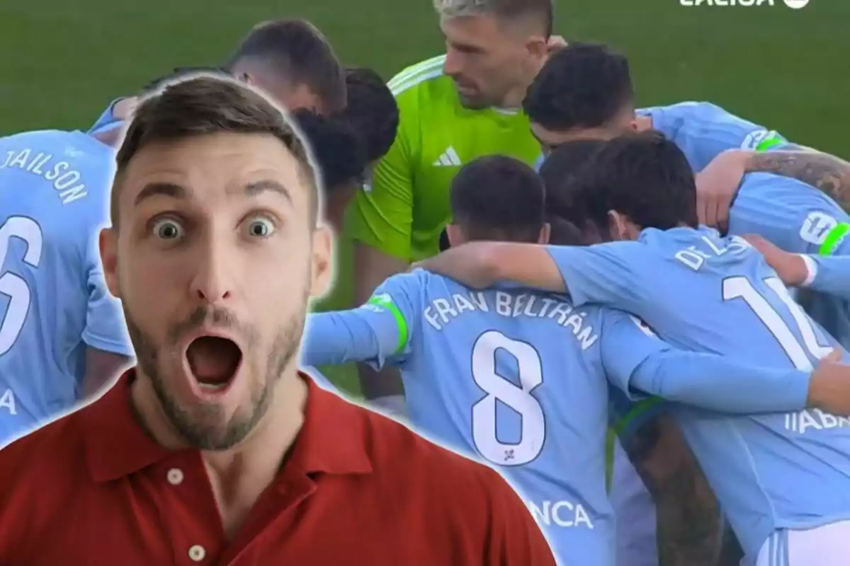 Muntatge amb una imatge de fons de futbolistes del Celta de Vigo celebrant un gol. En primer terme imatge d'un home amb la boca oberta