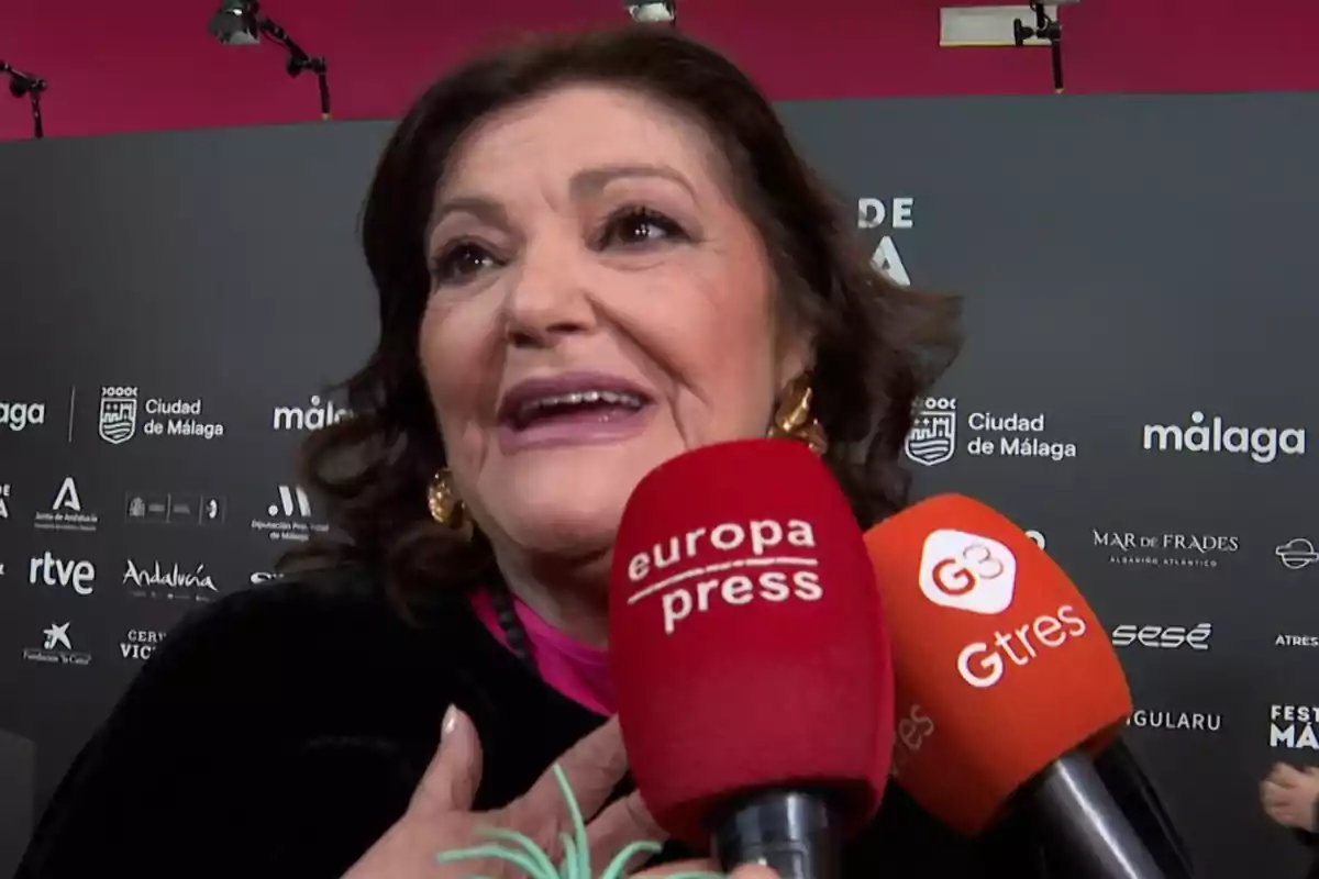 Charo Reina somrient és entrevistada per diversos mitjans de comunicació en un esdeveniment a Màlaga. Charo Reina somrient és entrevistada per diversos mitjans de comunicació en un esdeveniment a Màlaga.
