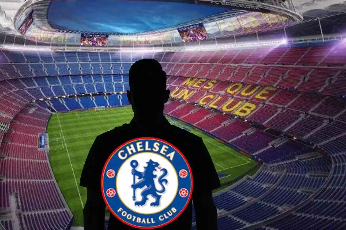 Muntatge amb el Camp Nou i una ombra negra al centre amb l'escut del Chealsea