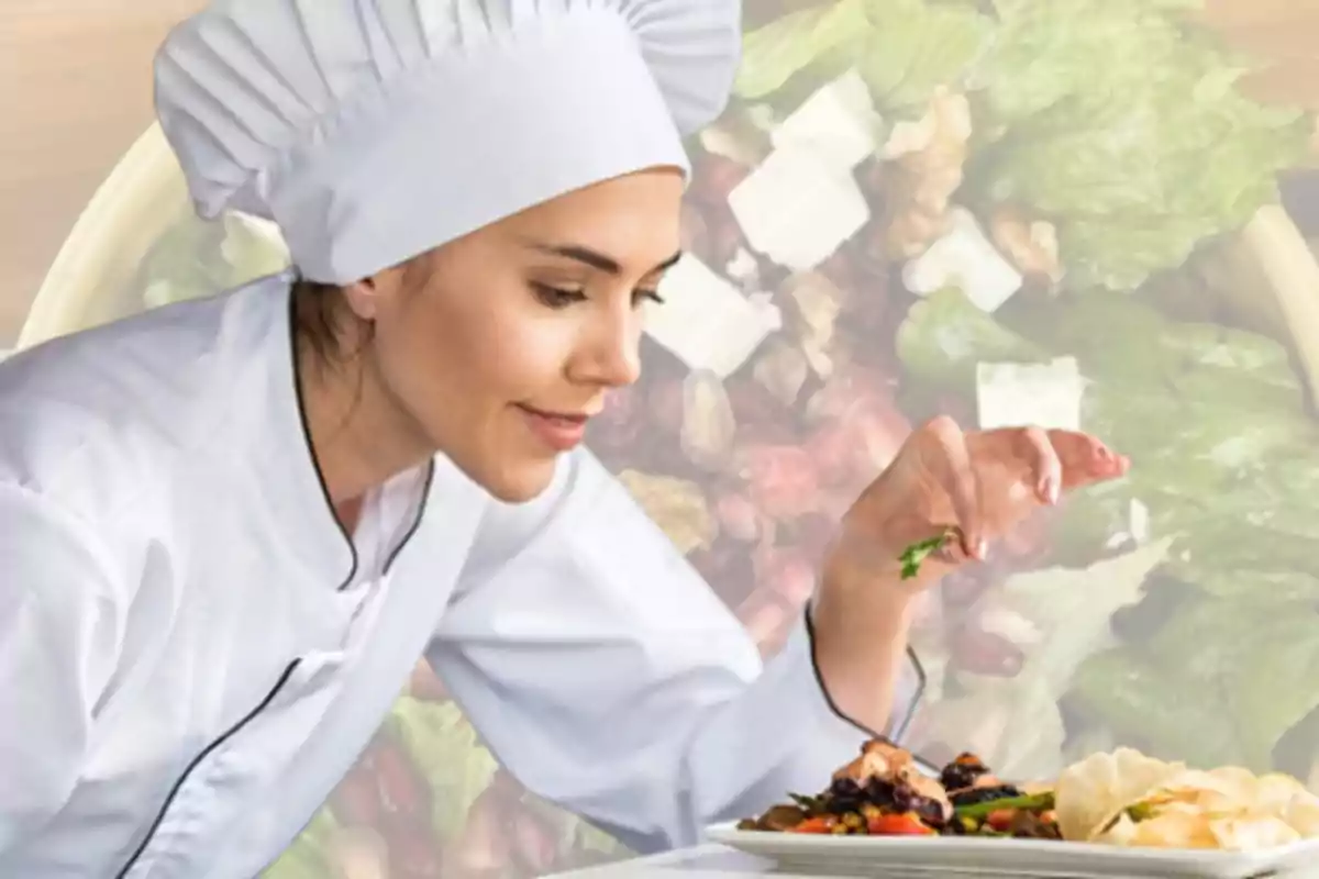 Una chef con uniforme blanco decora un plato con esmero frente a un fondo de ensalada