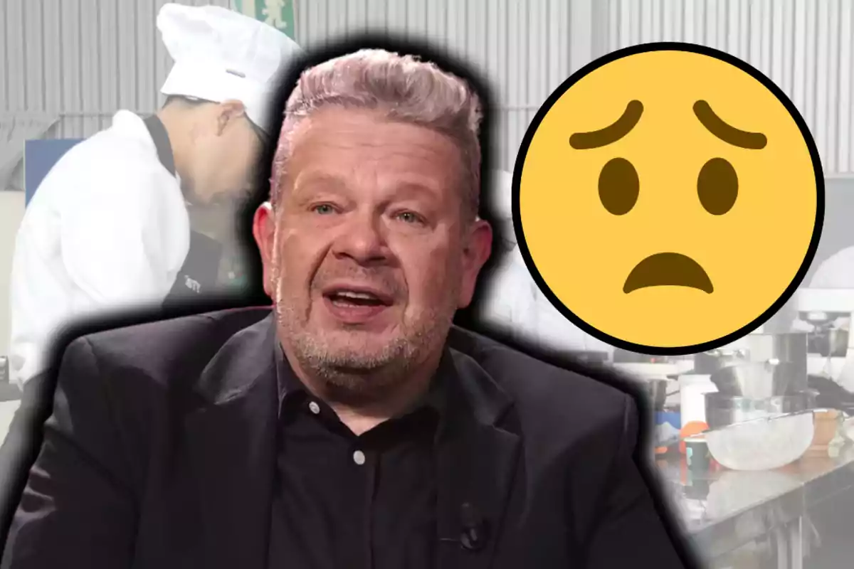 Un home amb expressió seriosa està en primer pla mentre un emoji preocupat i un xef treballant en una cuina apareixen al fons.