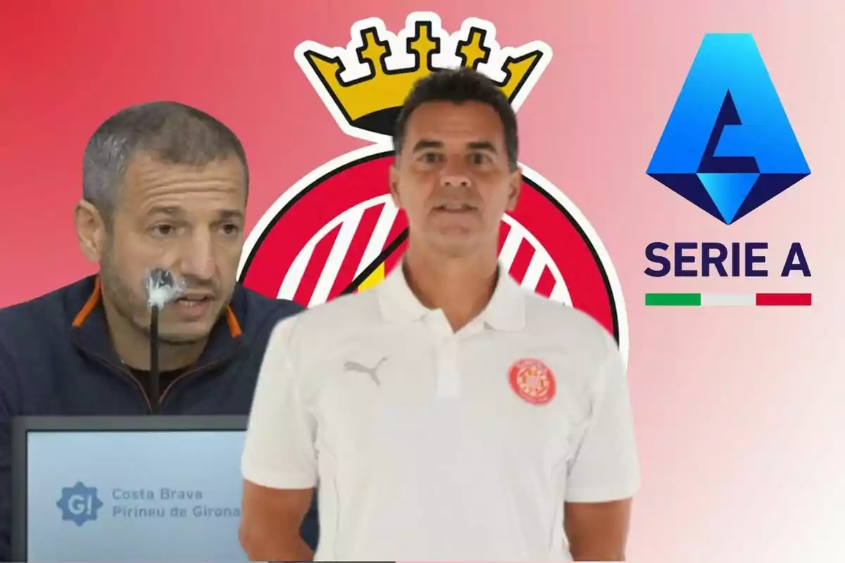 Dos hombres frente a un fondo con el logo del Girona FC y el logo de la Serie A.