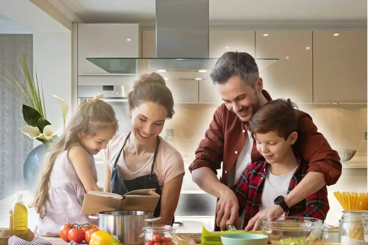 Una família cuinant junta a una cuina moderna i lluminosa. Una família cuinant junta a una cuina moderna i lluminosa.