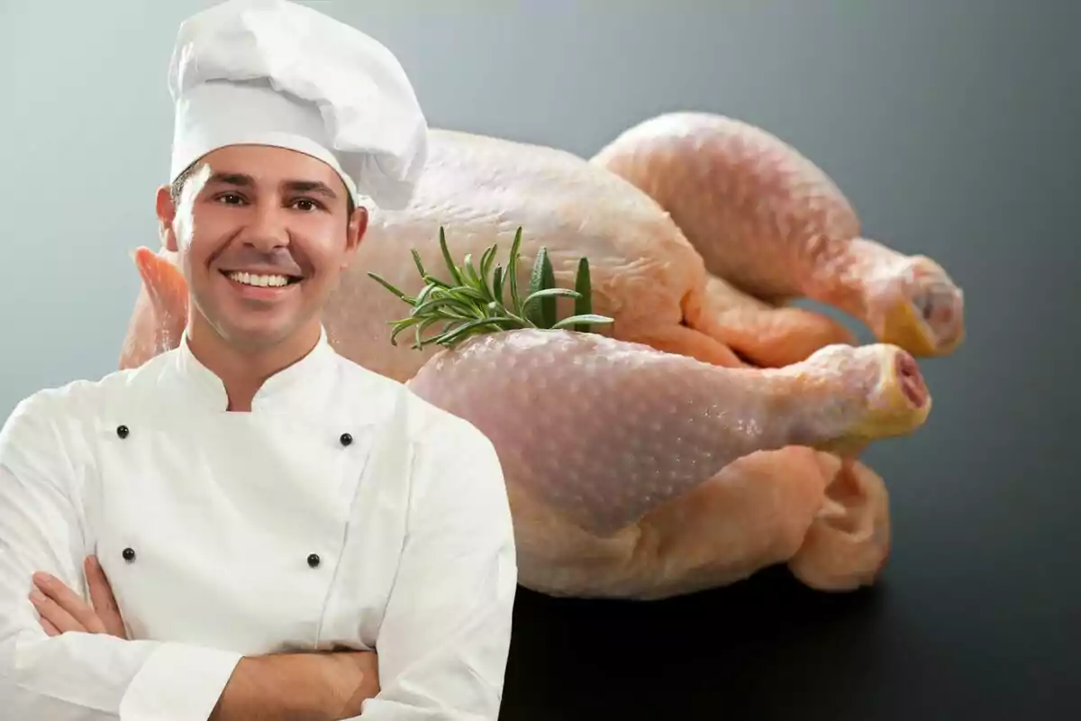 Chef sonriente con uniforme blanco y gorro de cocinero frente a un pollo crudo decorado con romero.