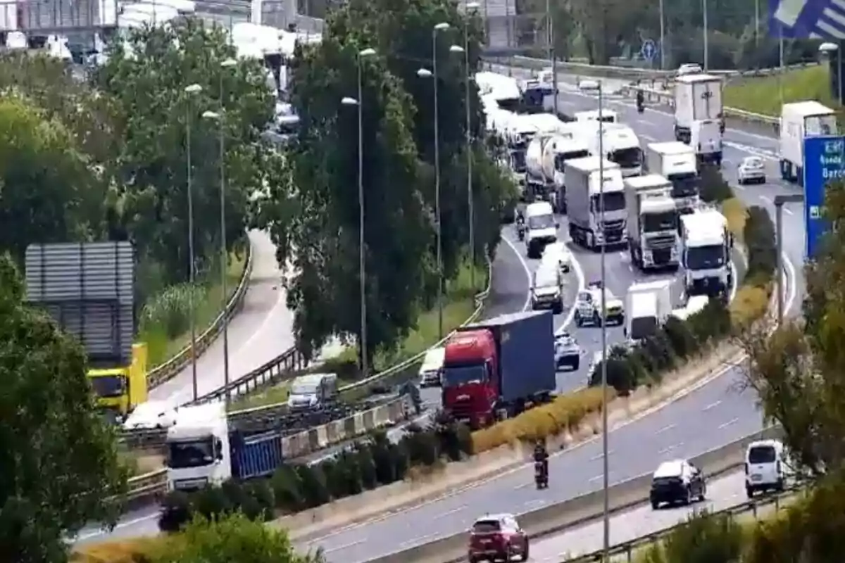 Una carretera con tráfico denso de camiones y vehículos rodeada de árboles y señales de tráfico.