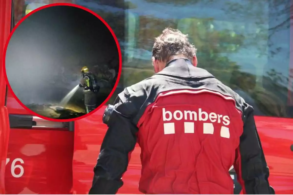 Un bomber d'esquena amb uniforme vermell al costat d'un camió de bombers i un requadre que mostra un altre bomber apagant un incendi.