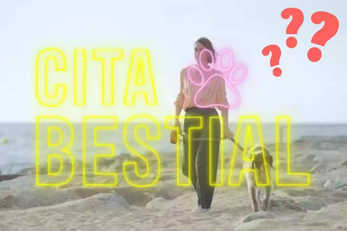 Una dona caminant amb un gos a la platja amb el text "CITA BESTIAL" amb lletres grogues i un dibuix d'una empremta de color rosa.