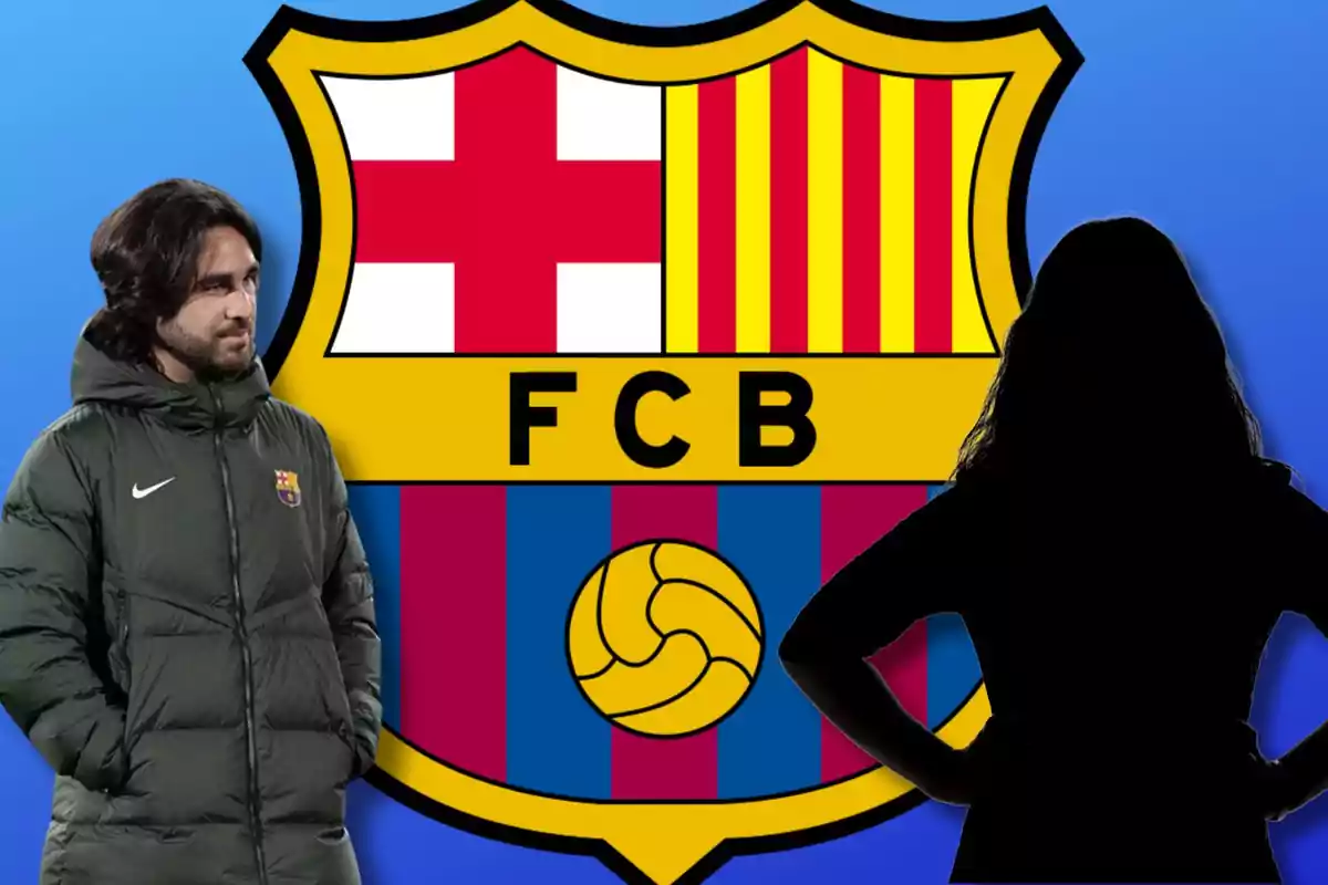 Un home amb una jaqueta del FC Barcelona i una silueta femenina davant de l'escut del FC Barcelona.