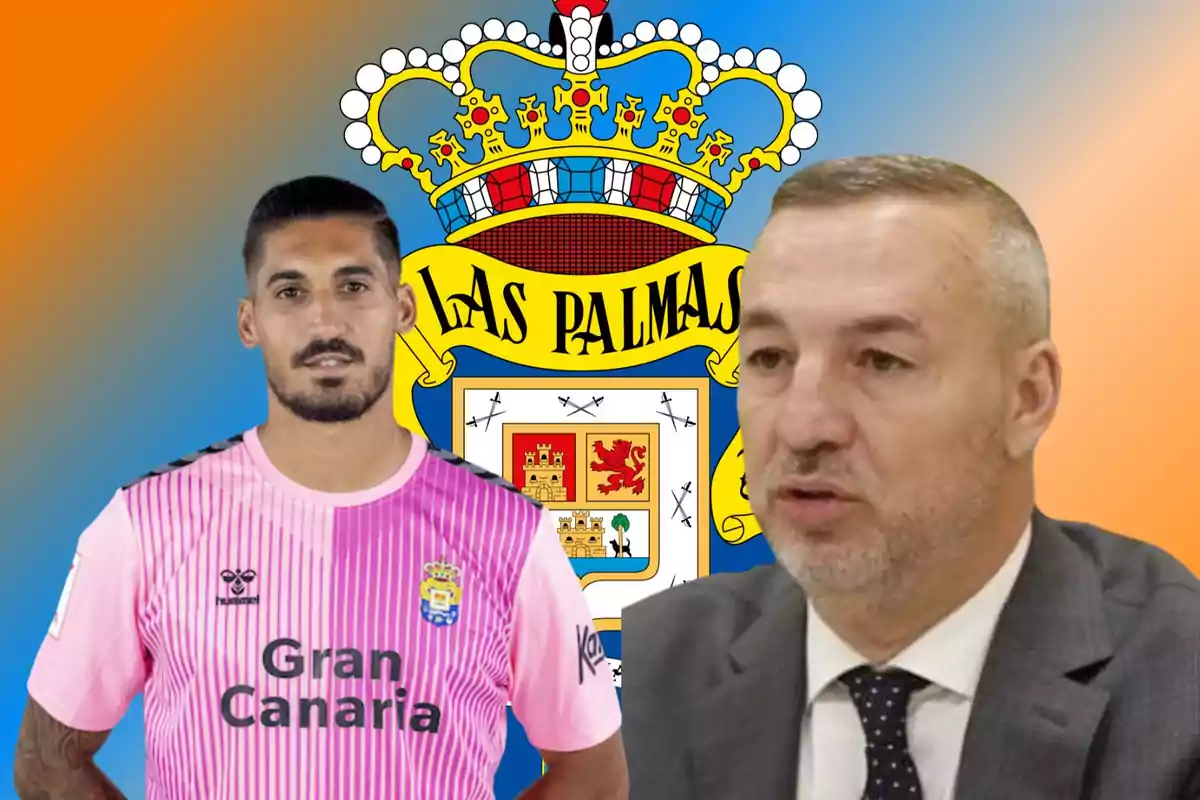 Dos homes davant de l'escut de l'equip de futbol Las Palmas, un amb una samarreta rosa de l'equip i l'altre amb vestit i corbata.