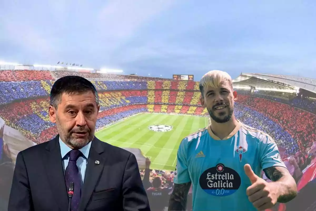 Muntatge amb el Camp Nou de fons i en primer terme Josep Maria Bartomeu i Carles Pérez