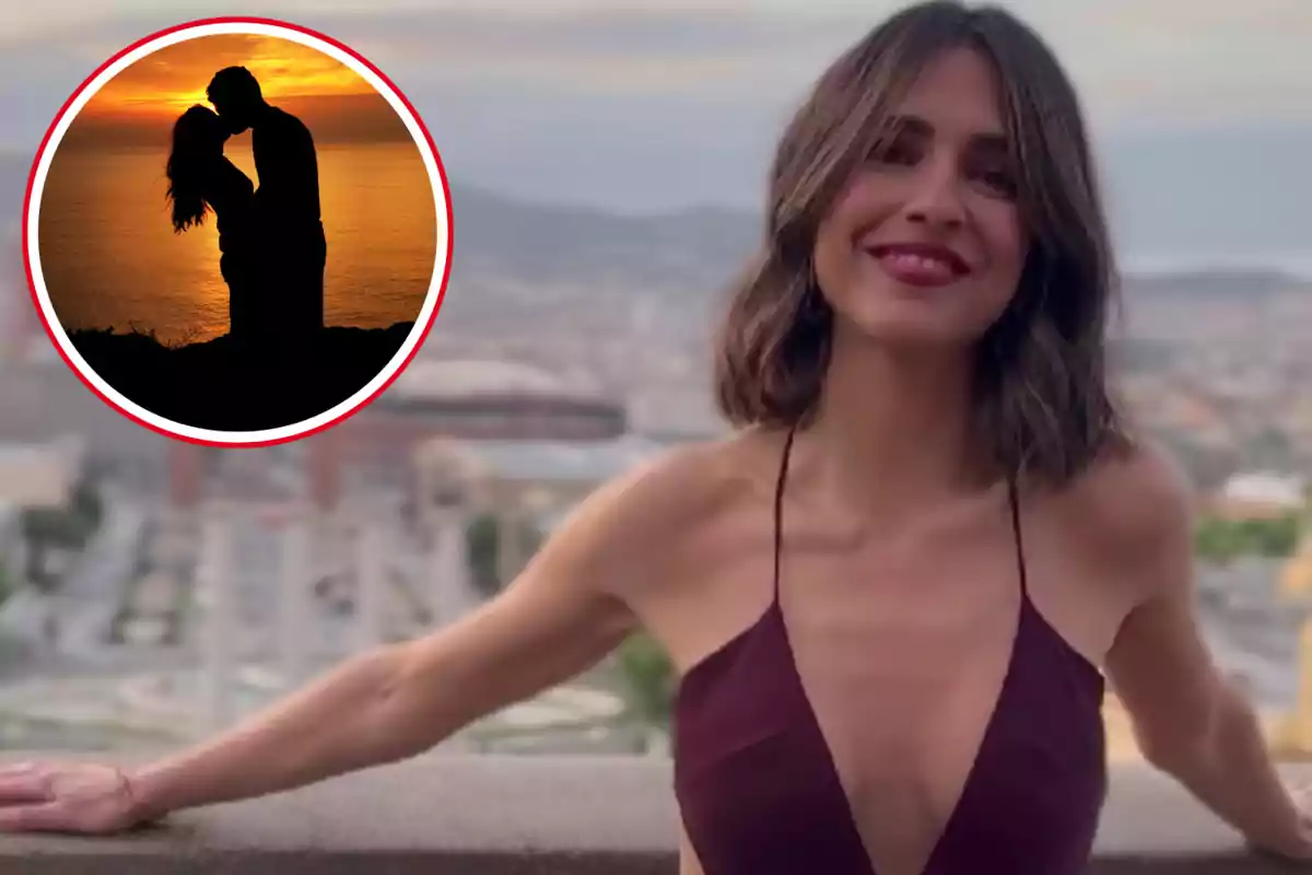 Montaje con una imagen de Cristina Brondo, de su cuenta de Instagram. A la izquierda una imagen con una pareja de amantes durante una puesta de sol