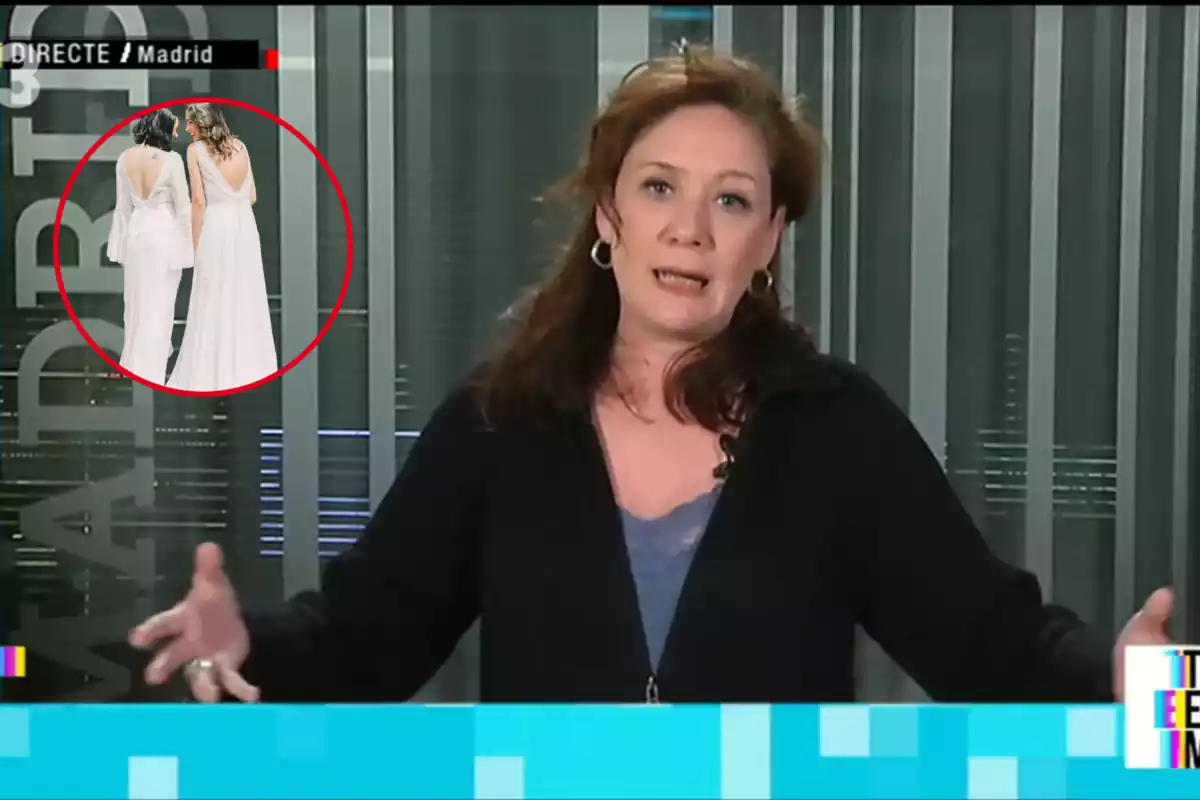 Muntatge amb una imatge de Cristina Fallaràs al programa "Tot és mou" de TV3. A l'esquerra una imatge amb unes núvies