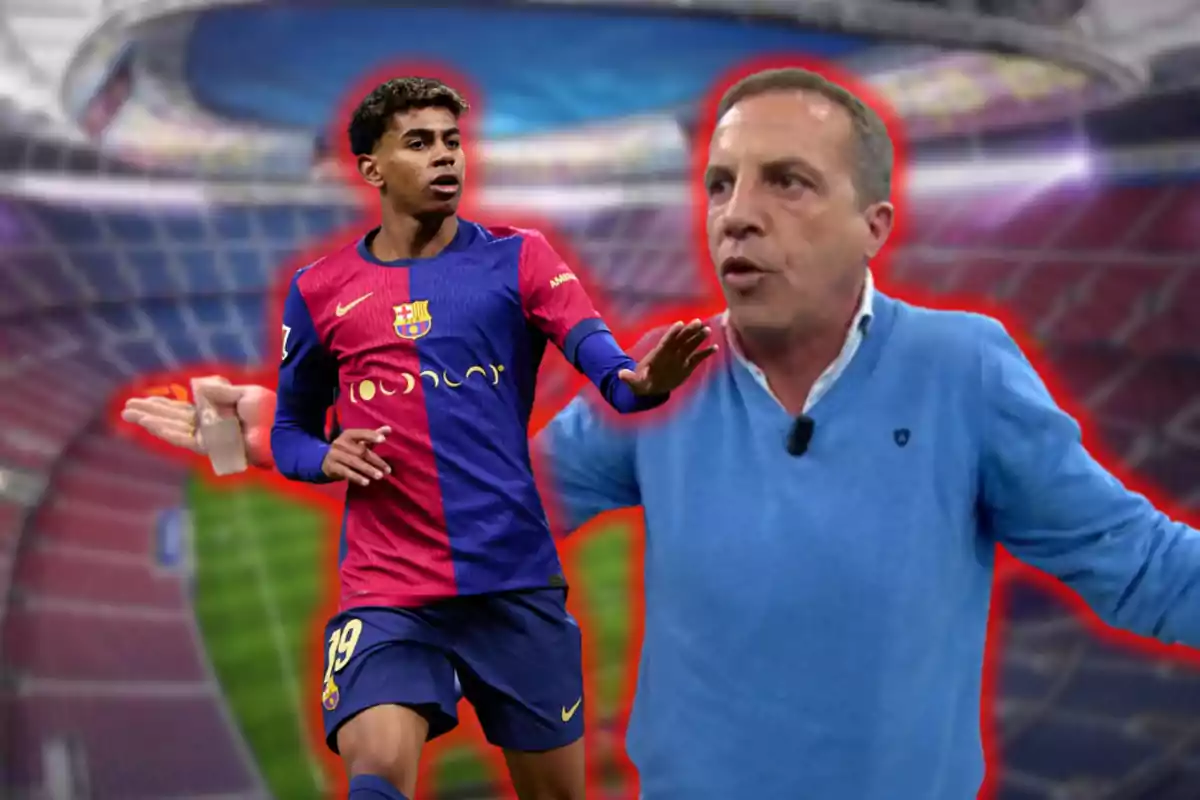 Un jugador de futbol amb l'uniforme del Barcelona i un home amb un jersei blau estan superposats sobre un estadi de futbol.