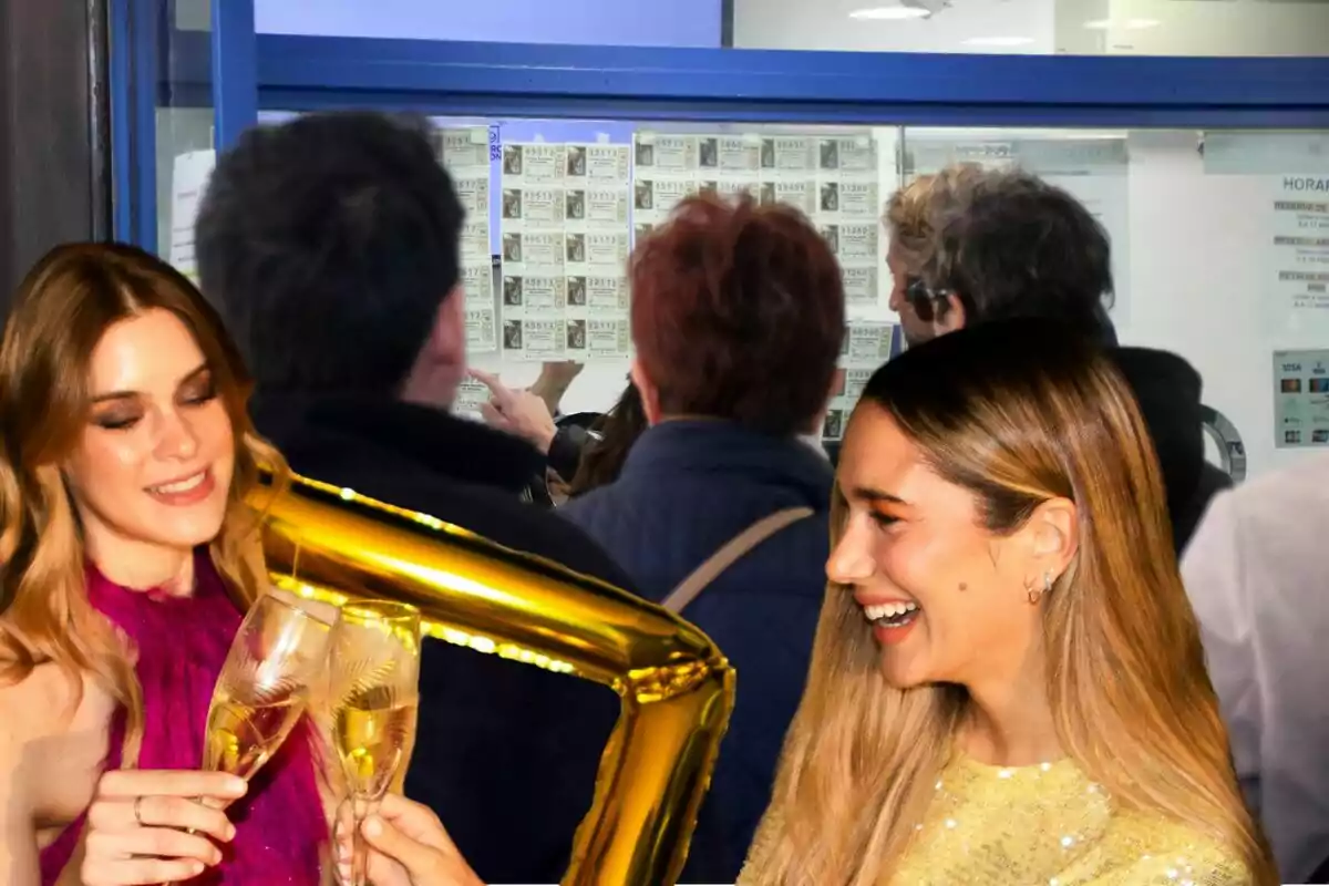 Personas celebrando con copas de champán frente a una tienda de lotería.