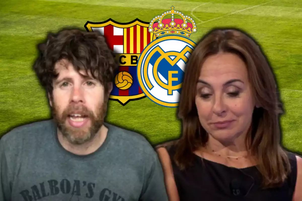 Dani Senabre i Carme Barceló, amb els escuts de Barça i Reial Madrid
