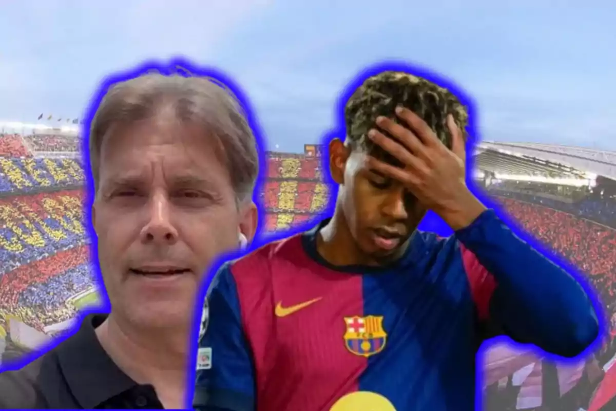 Dos personas con expresiones serias frente a un estadio de fútbol lleno de aficionados.