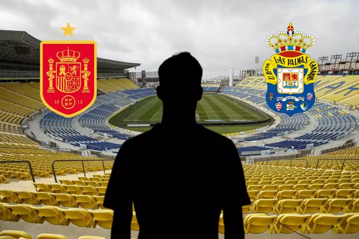 Una silueta de una persona se encuentra en un estadio de fútbol vacío con los escudos de la Real Federación Española de Fútbol y la Unión Deportiva Las Palmas.