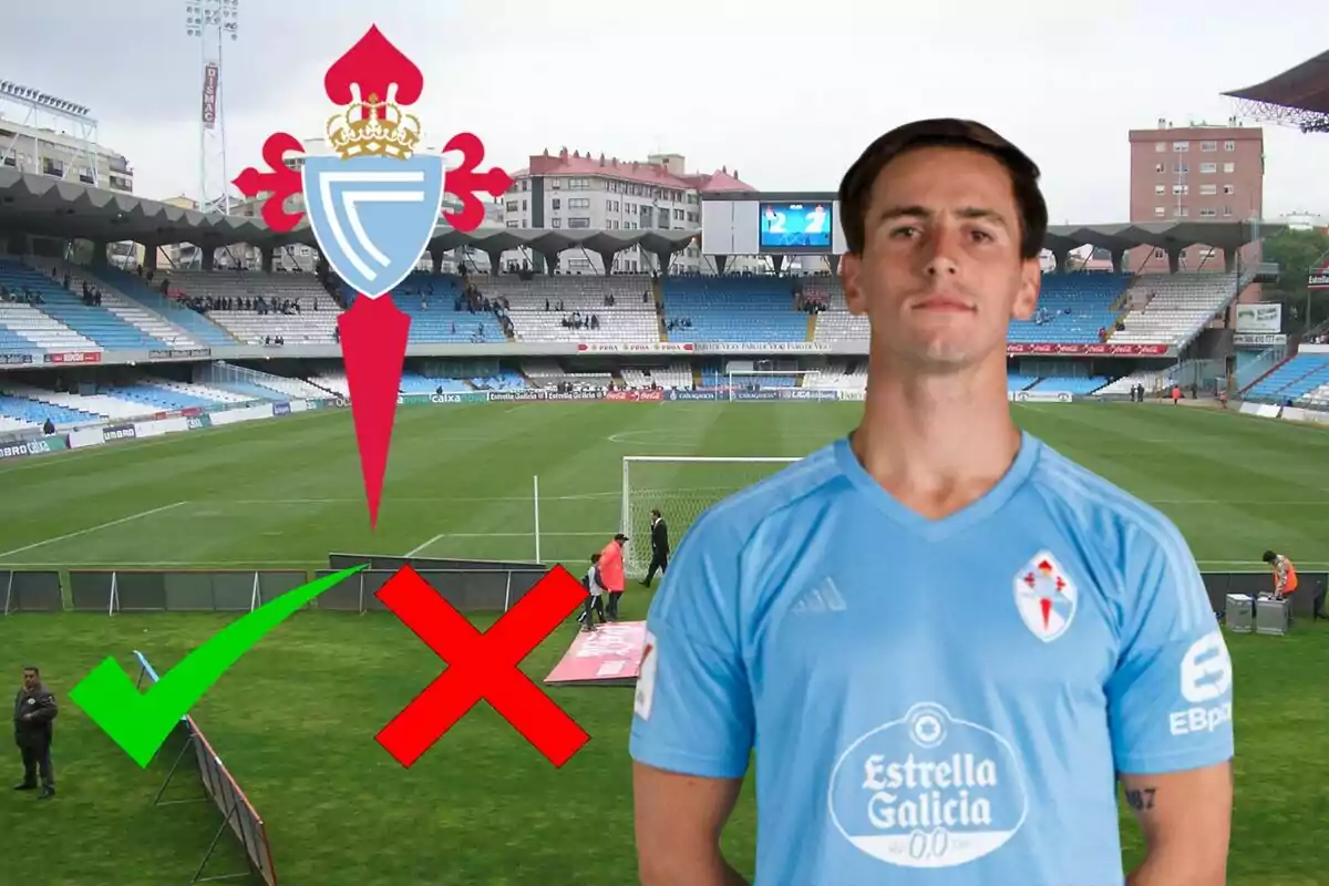 Jugador del Celta de Vigo a l'estadi amb l'escut de l'equip i símbols d'aprovació i desaprovació.