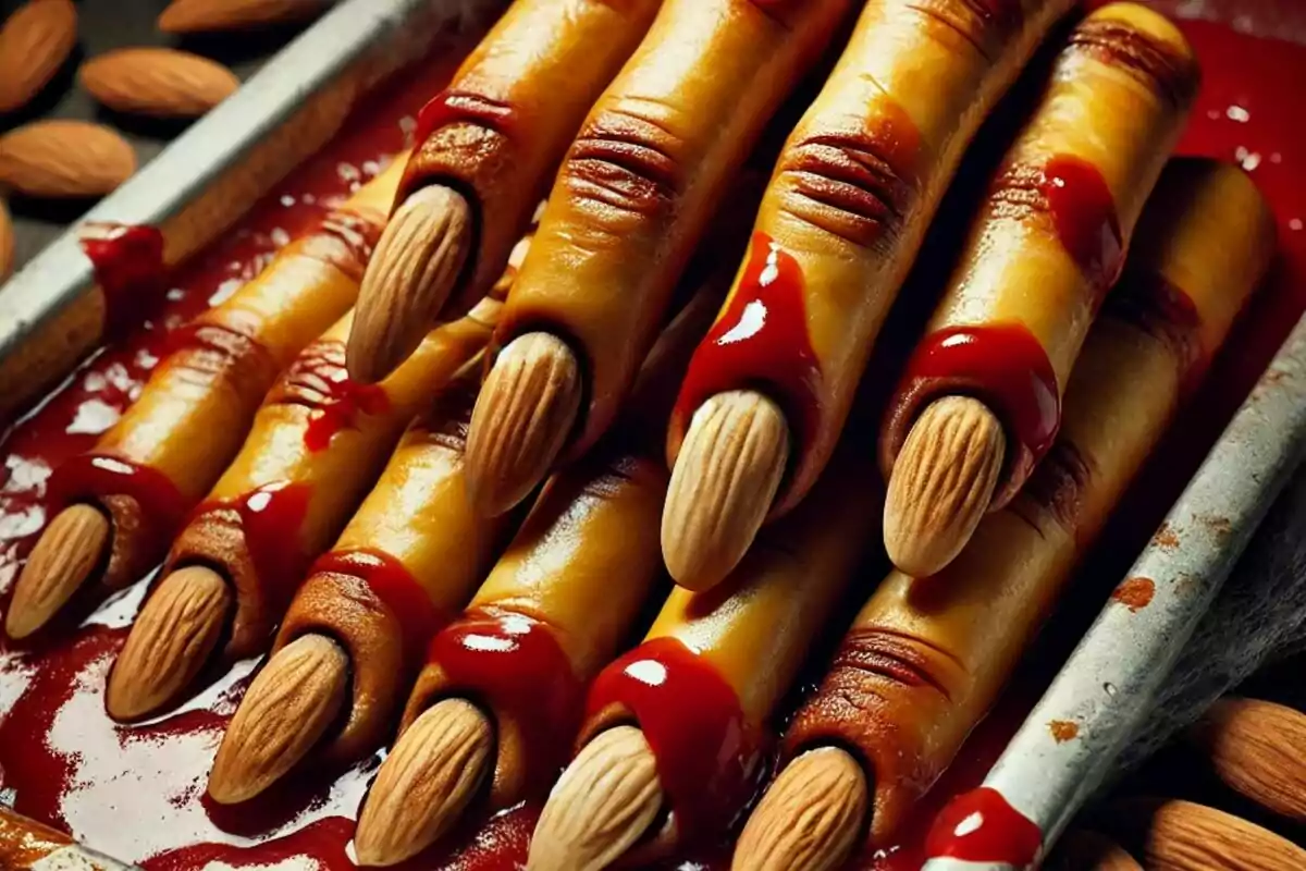 Galletas en forma de dedos con almendras como uñas y mermelada roja simulando sangre.