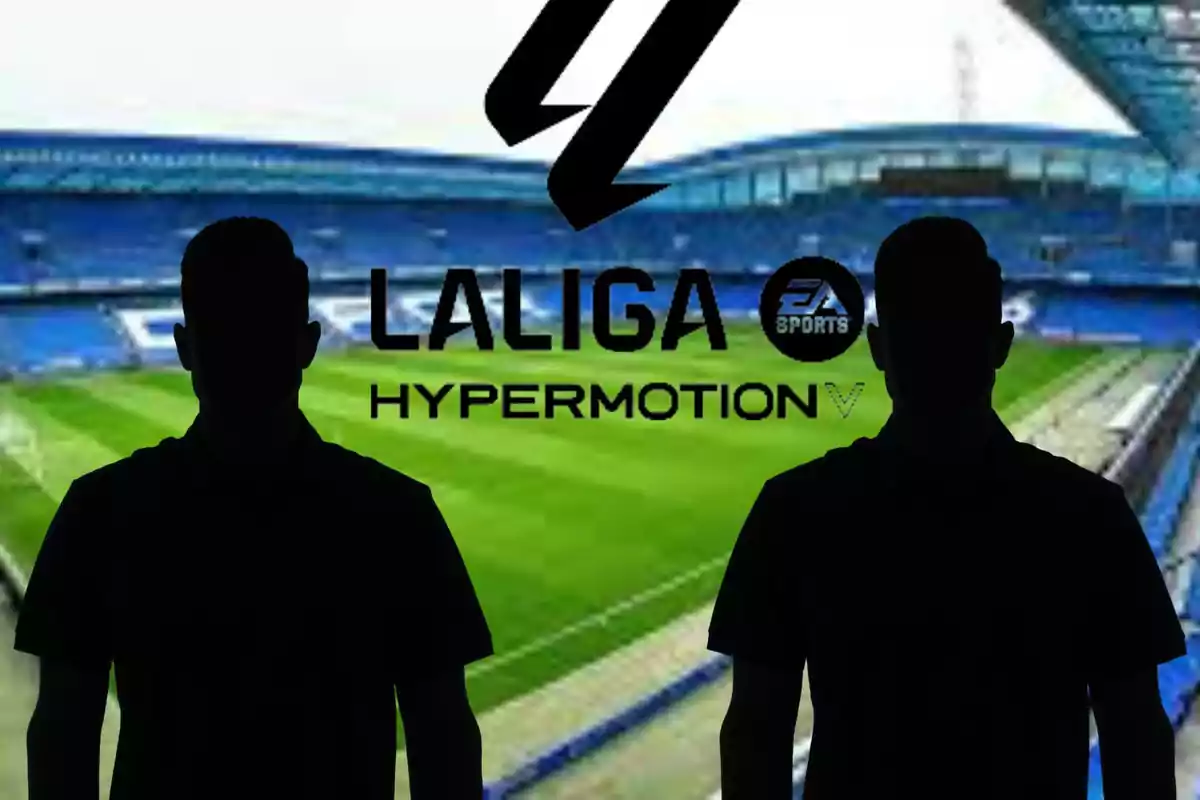 Muntatge de l'estadi de Riazor, dues ombres negres a esquerra i dreta i el logo de LaLiga Hypermotion al centre