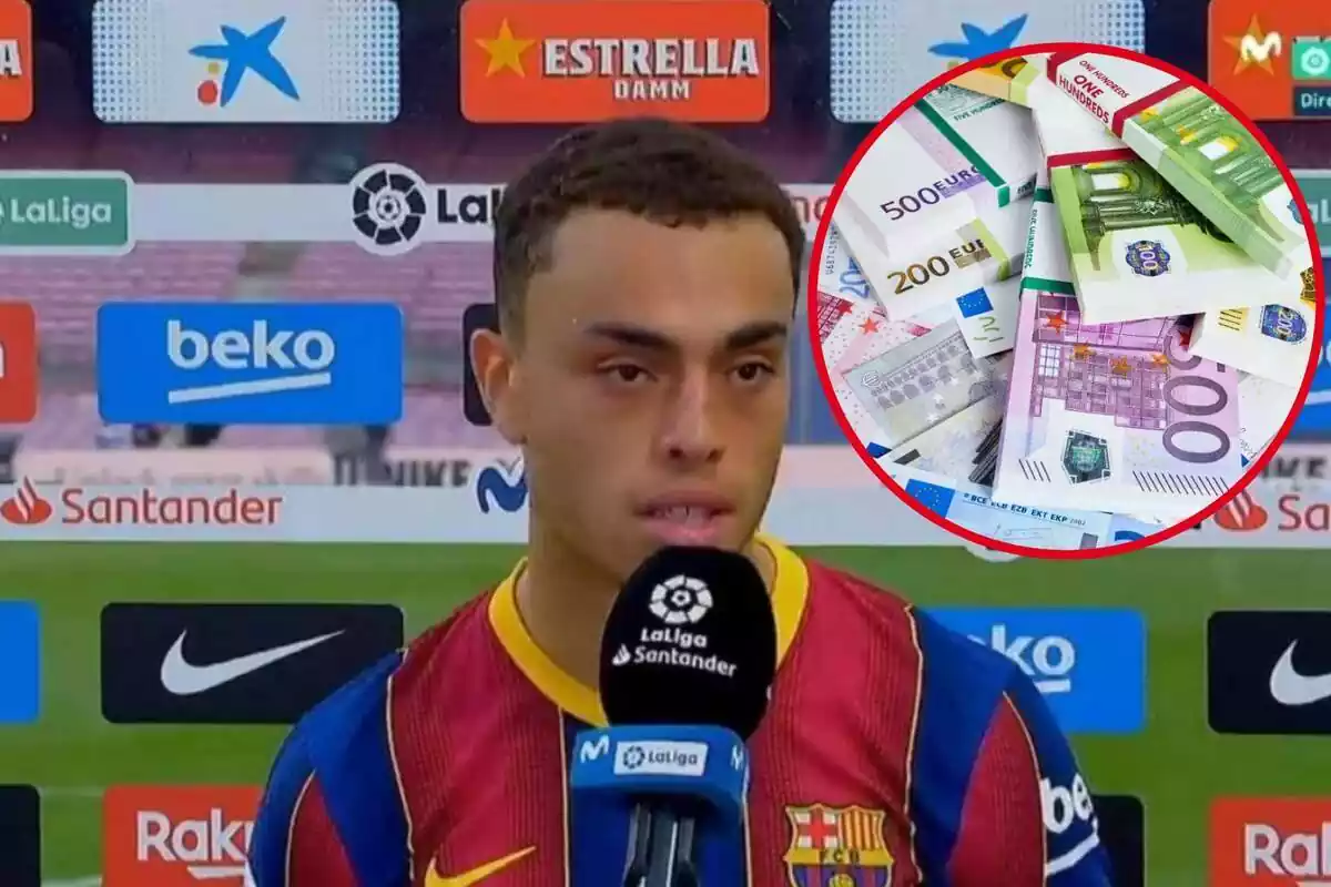 Muntatge amb una imatge de Sergiño Dest atenent la premsa quan encara jugava al Barça. A la dreta, dins un cercle, bitllets de 200 i 500 euros