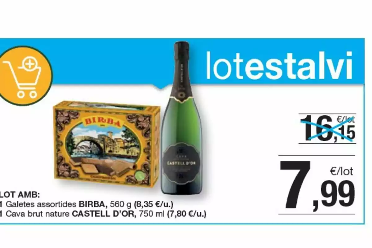 Promoción de un lote de galletas Birba y cava Castell d'Or a 7,99 euros por lote, antes 16,15 euros.