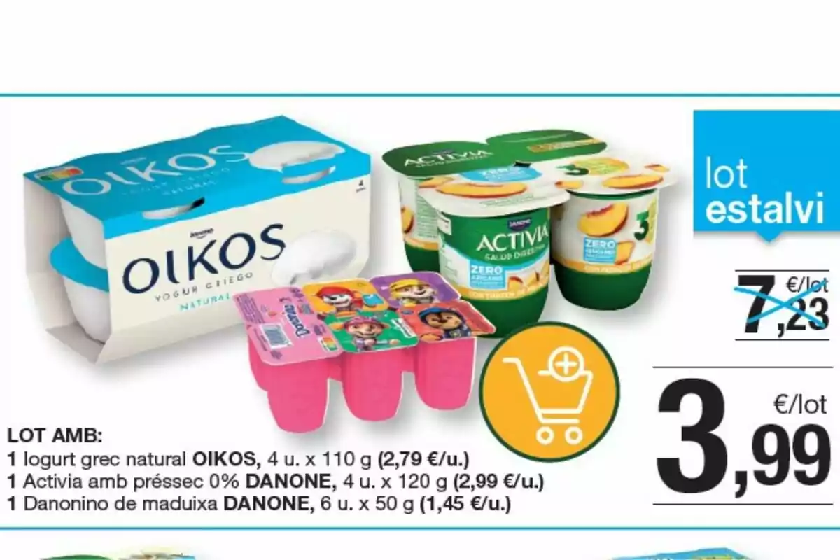 Oferta de lot de iogurts: 1 iogurt grec natural OIKOS (4 unitats de 110 g), 1 Activia amb préssec 0% DANONE (4 unitats de 120 g), 1 Danonino de maduixa DANONE (6 unitats de 50 g) per 3,99 €/lot.