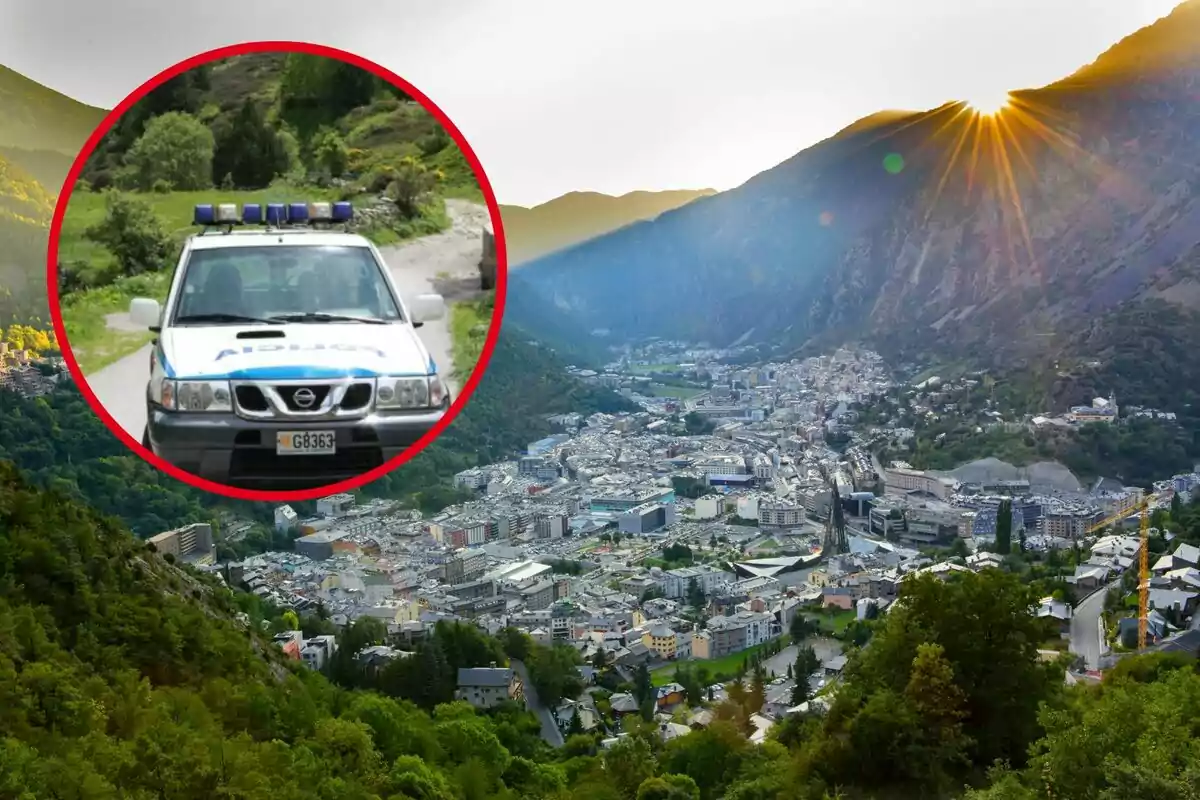 Una patrulla de policia en un camí rural amb una ciutat envoltada de muntanyes al fons.