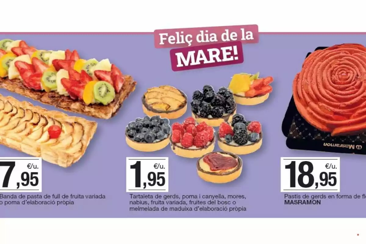 Una selecció de pastissos i tartaletes de fruites variades amb preus, acompanyada d'un missatge que diu Una selecció de pastissos i tartaletes de fruites variades amb preus, acompanyada d'un missatge que diu