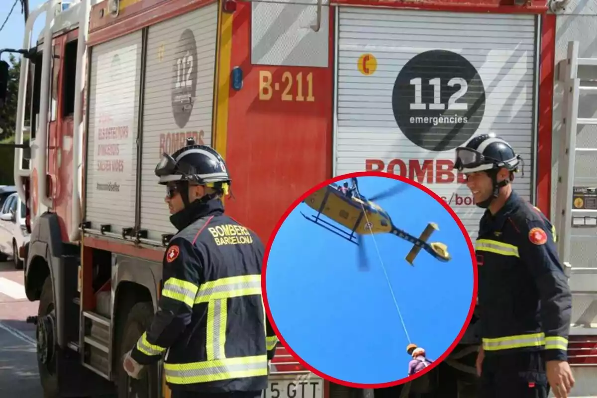 Bombers de Barcelona en acció amb un helicòpter de rescat.